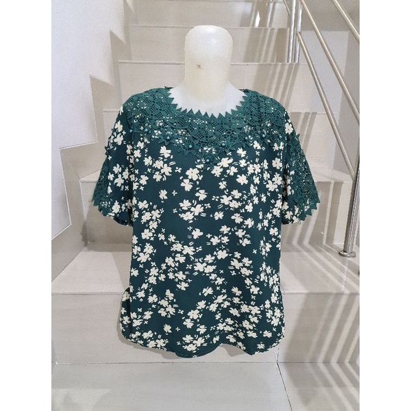 Blouse Brukat Bunga Renda Combi Brukat Impor XL-2XL-151 - Hijau Ld 104