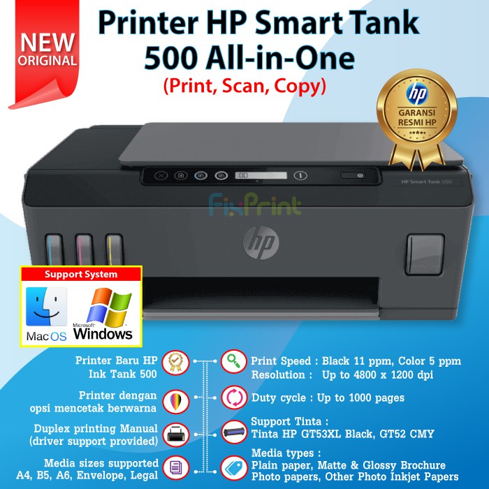 Printer HP Smart Tank 500 Print Scan Copy 4SR29A Tinta HP GT53 GT52