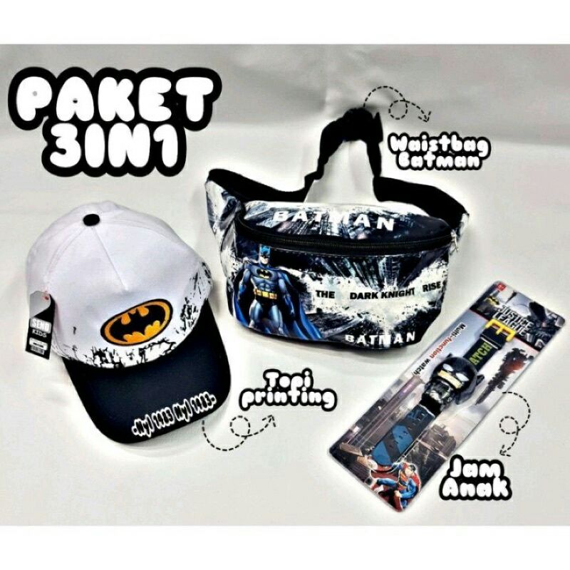 COD paket 3in1 tas selempang anak topi jam betmen waistbag anak karakter superhero