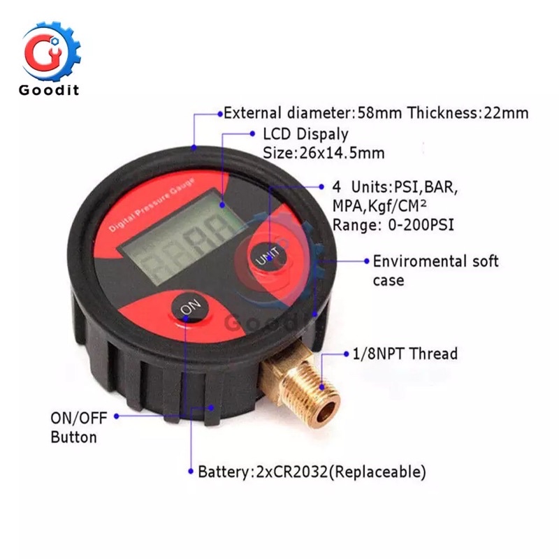 Pengukur Tekanan Gauge 0-200PSI Meter Ban Udara