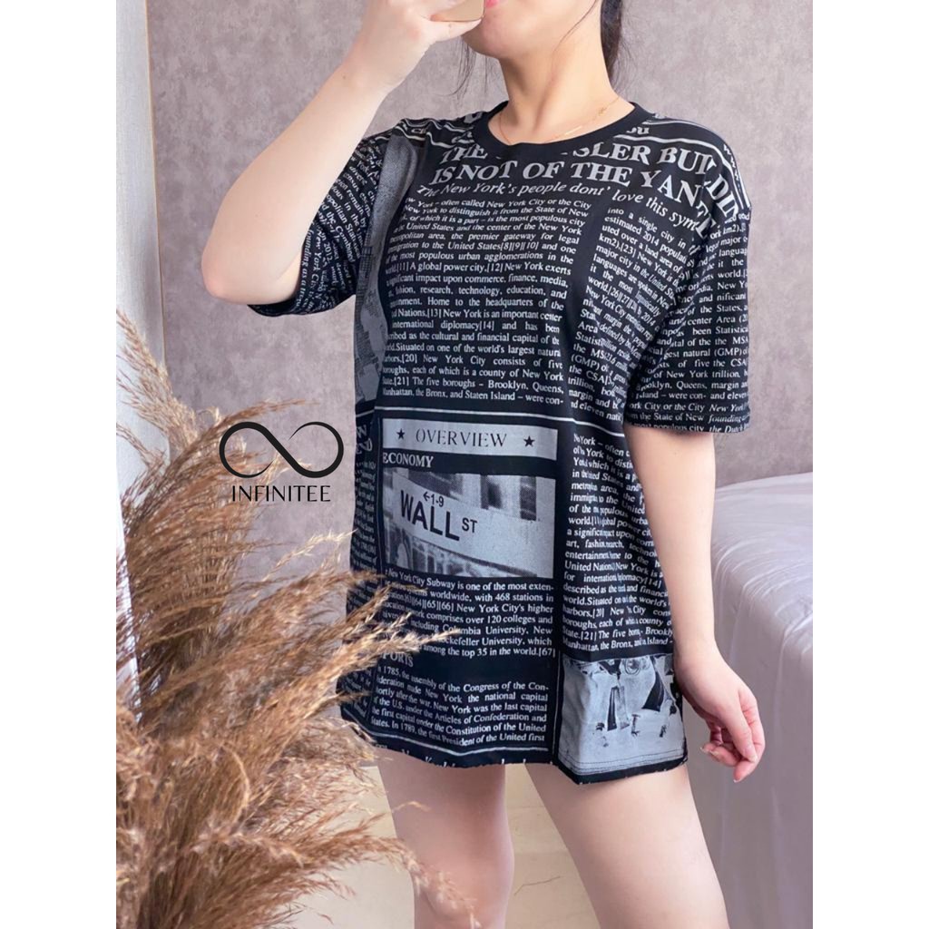 Kaos Oversize Wanita Katun Newspaper Koran Over size Oversized