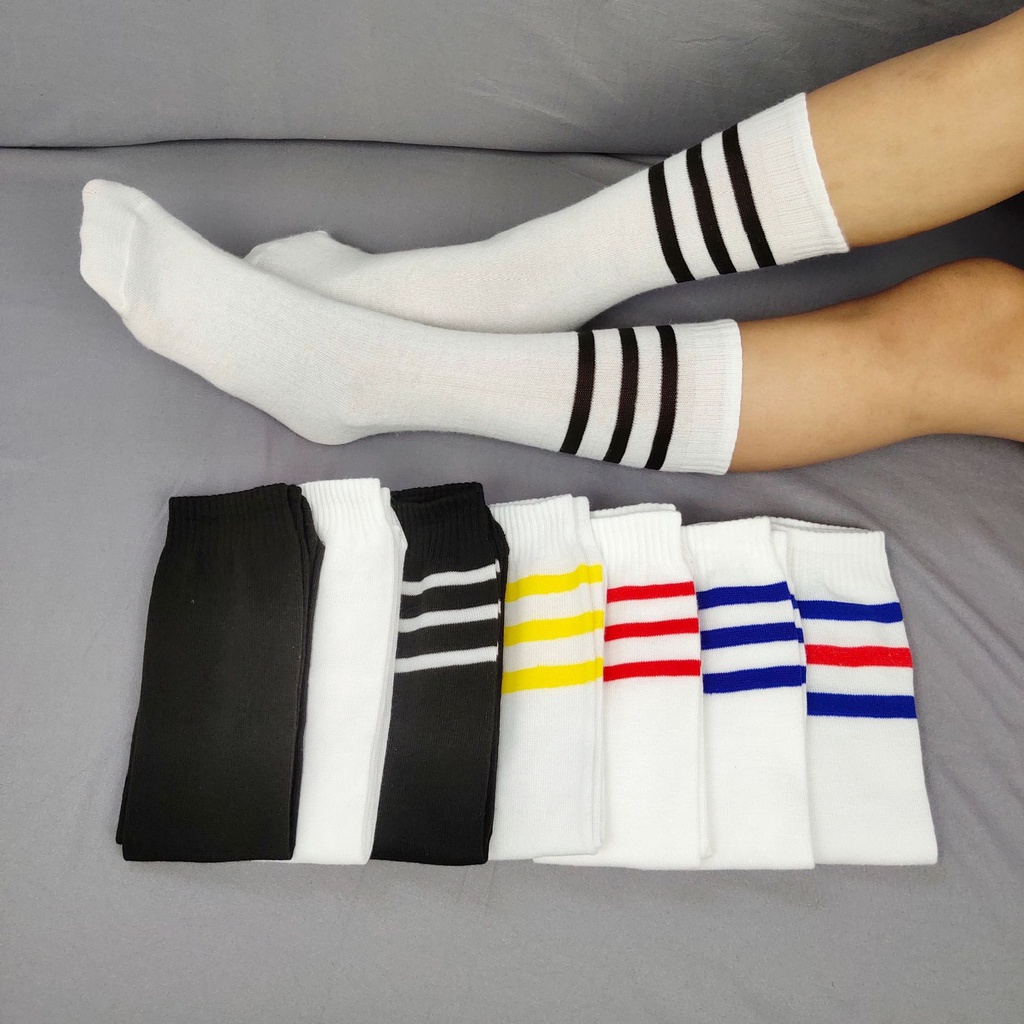 kaos kaki Wanita Setinggi Betis Gaya ala korea Aksesoris cosplay Tipis kaus kaki Bergaris 3D37