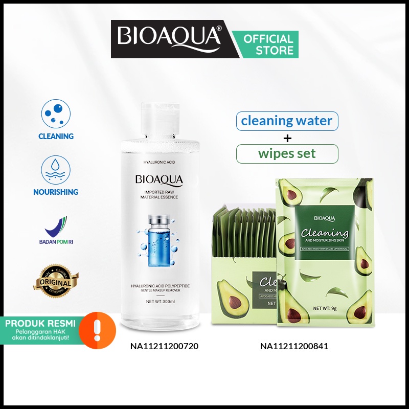 BIOAQUA Makeup Remover Set Cleansing Water 300ml+Avocado Moist Wipes Make Up Removal 30pcs*9g/box