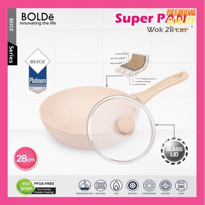 Bolde Super Pan Wok 28cm Wajan Lapisan Granite Anti Lengket Dengan Tutup Kaca