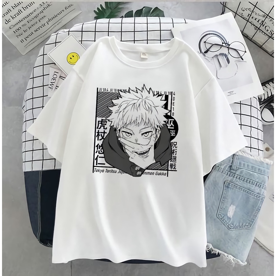 Tshirt Streetwear Itadori Yuji White Anime Manga Jujutsu Kaisen Unisex