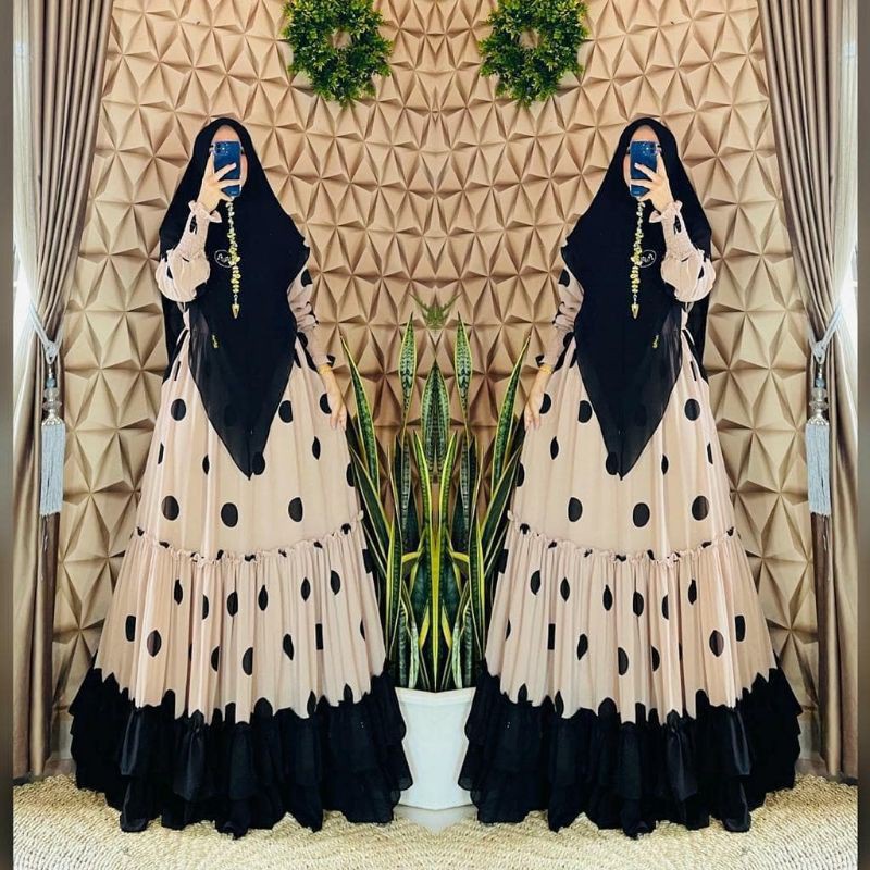 gamis ceruty set khimarceruty polkadot full furing rempel keliling busui