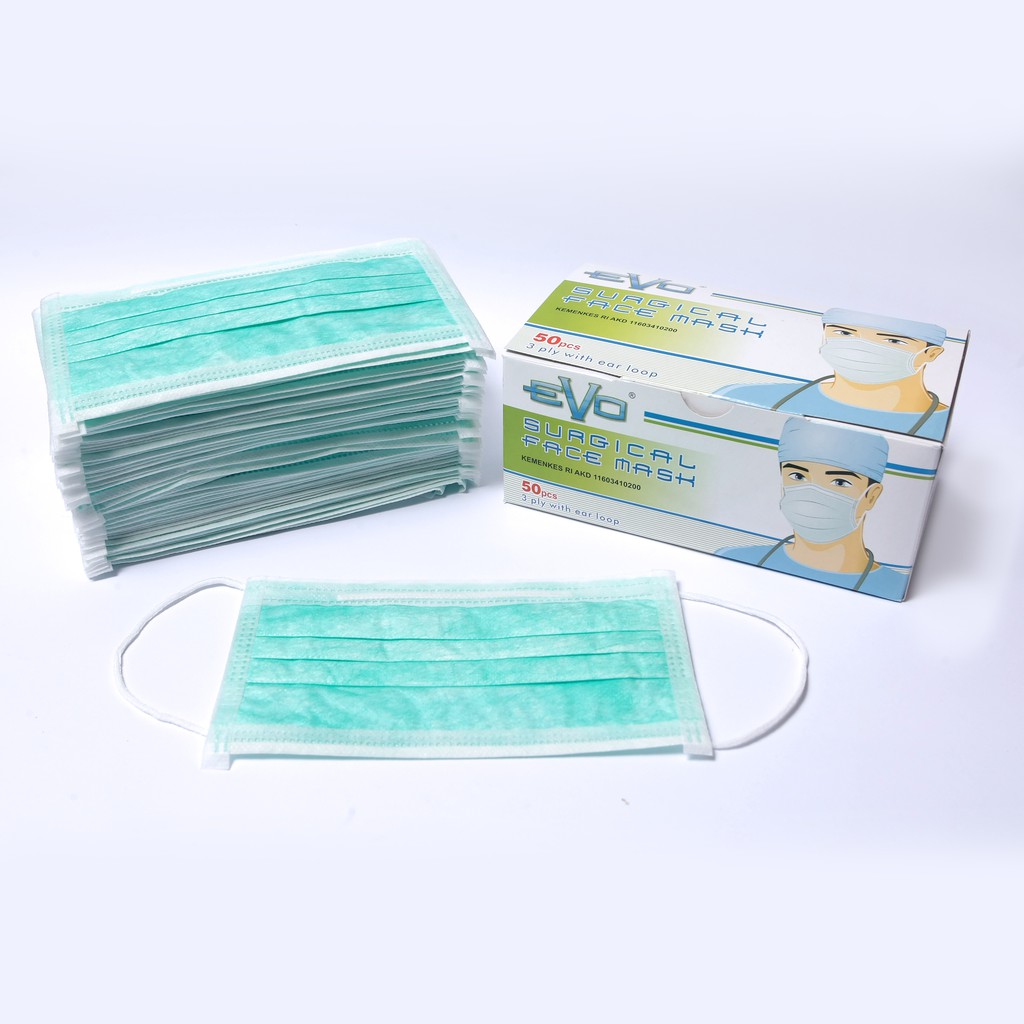 Masker EVO Surgical Face Mask 3ply earloop 1 box isi 50 pcs Green