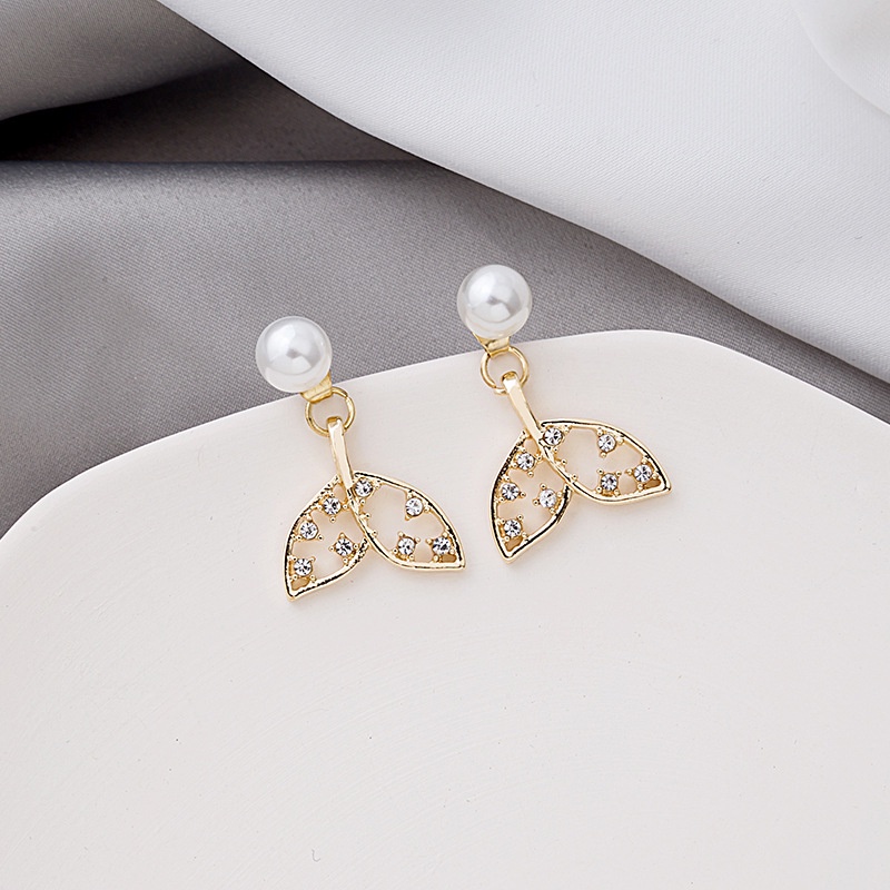 Anting Tusuk Gantung Bahan Sterling silver 925 Desain Ekor Ikan + Mutiara + Berlian Gaya Korea Untuk Wanita