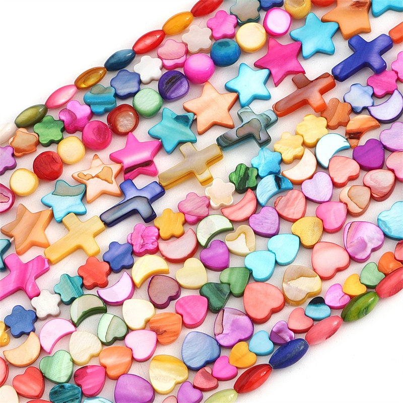 21-65Pcs Mix Color Natural Shell Beads Mother of Pearl Loose Bead Heart Butterfly Cross Flower Shape for DIY Jewelry Making