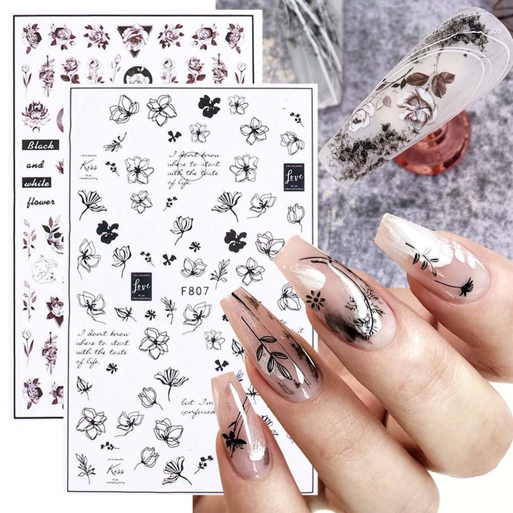 Mxbeauty Stiker Kuku Motif Bunga 3d Warna Hitam / Putih Untuk Dekorasi Nail Art / Manicure Diy