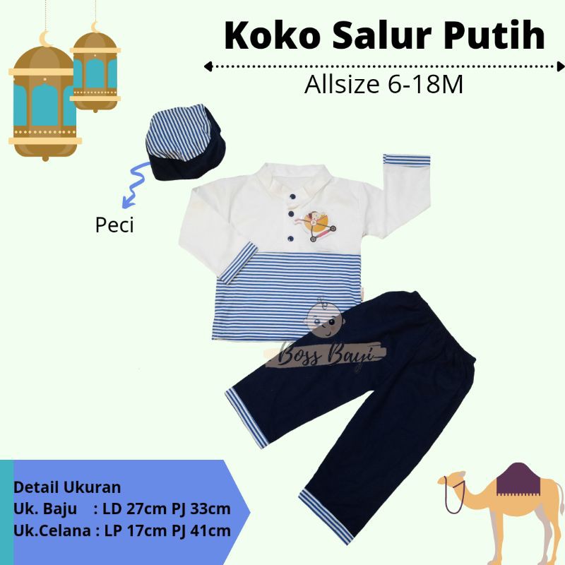 Setelan Koko Peci Bayi Anak Salur Putih 6-18bulan / Baju Lebaran Anak Laki Laki