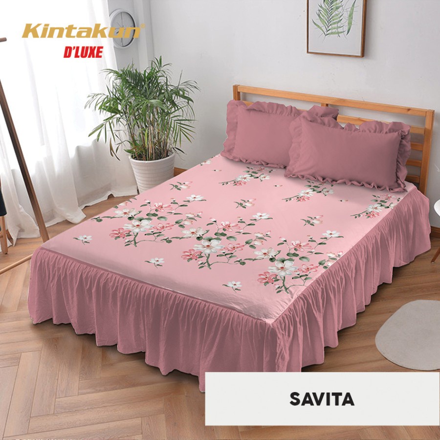 Kintakun D'luxe - Sprei Rumbai 160/180 Queen King Motif SAVITA bunga flower Warna Polos Peach Pink M