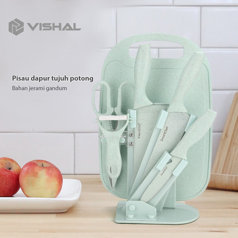 VISHAL 7 IN 1 Pisau + Talenan Masak Set Bahan Keramik Best Quality/Smart Chef/VS  | Pisau Dapur Set