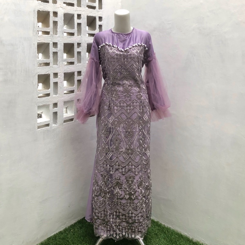 (Defect) Readystock Dress mermaid duyung brukat lengan balon tile Purple devina gaun pest