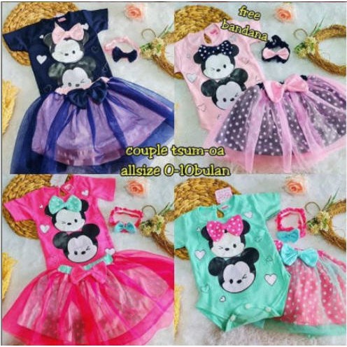 Baju Bayi Perempuan Setelan Jumper Rok Bonus Bandana Tsum Tsum