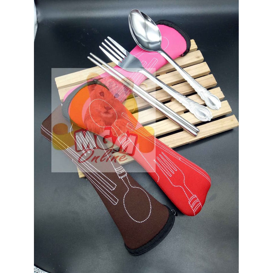 Sendok Garpu Sumpit Stainless Free POUCH!!! / Sendok Makan Travel