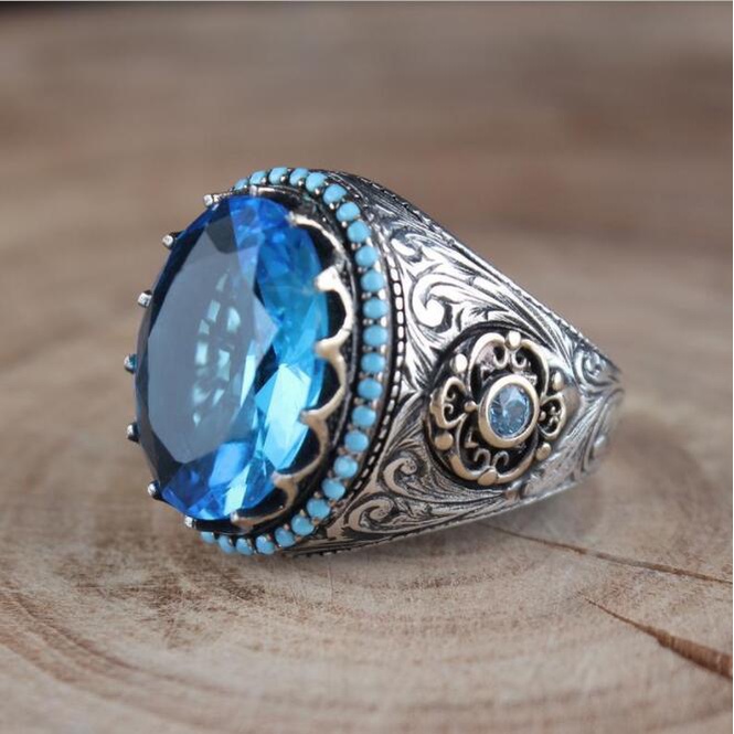 BATU CINCIN AKIK PRIA/WANITA BATU AKIK DIAMOND BLUE TOPAZ CUTTING RING LAPIZ EMAS PUTIH