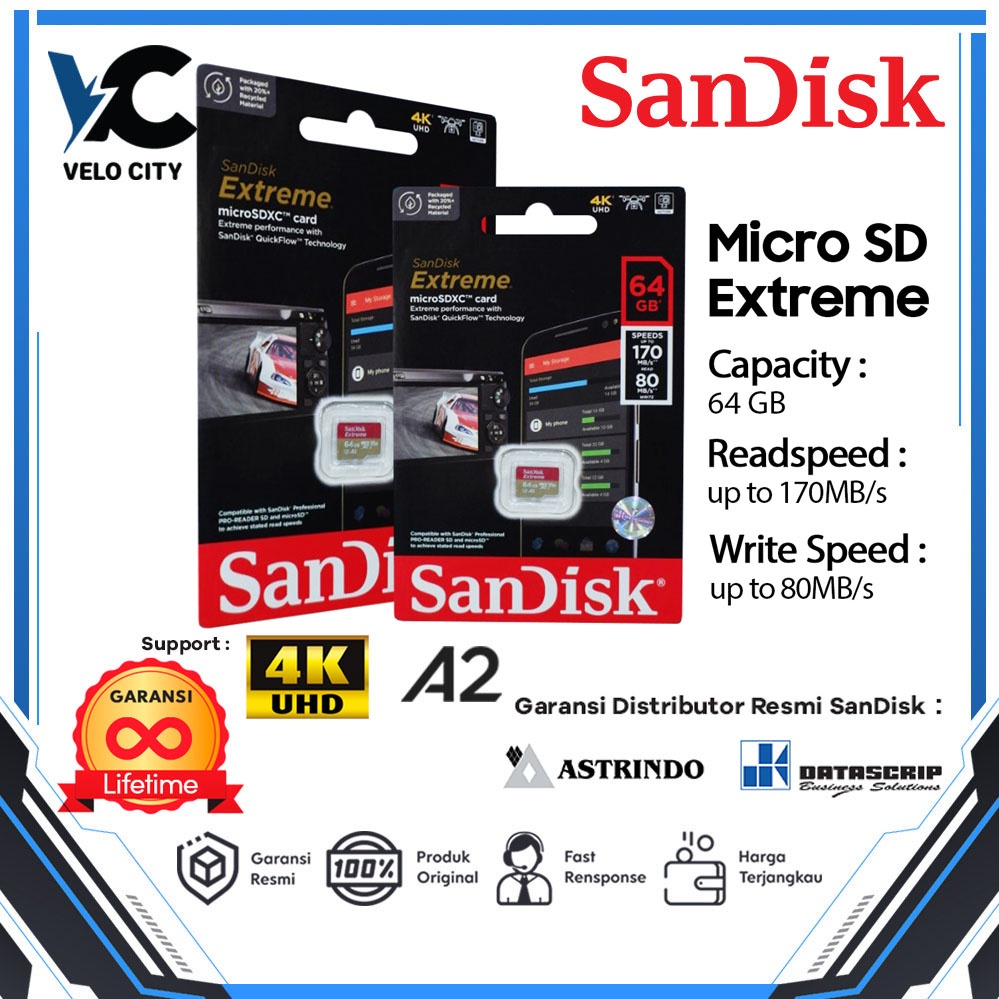 Memory Card | Micro SD 64GB SanDisk Extreme up to 170Mbps U3 A2 V30 - Garansi Resmi Lifetime