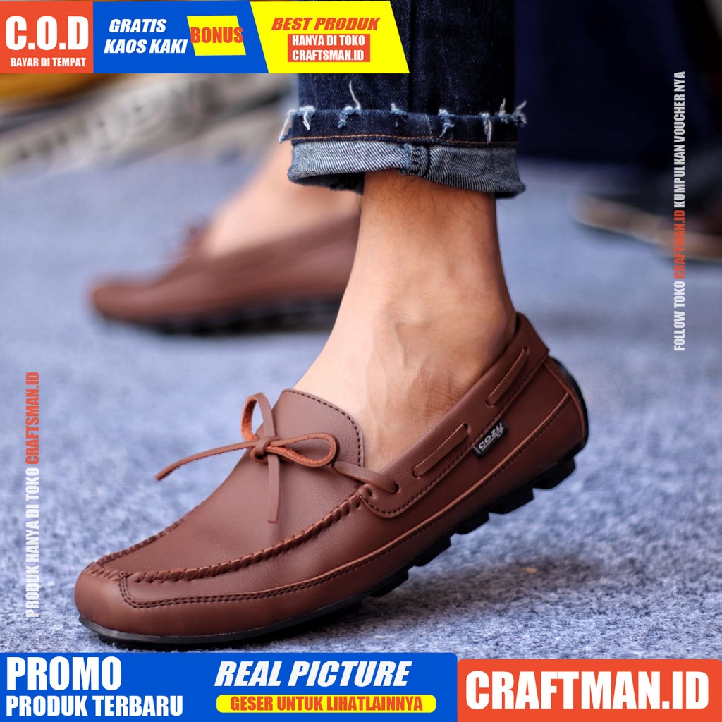 HOUSTON Sepatu Slip On Pria Kulit Asli Sepatu Pria Casual Pantofel Kerja Sepatu Kasual Santai Kuliah Kondangan Semi Formal Gaya Keren Kekinian