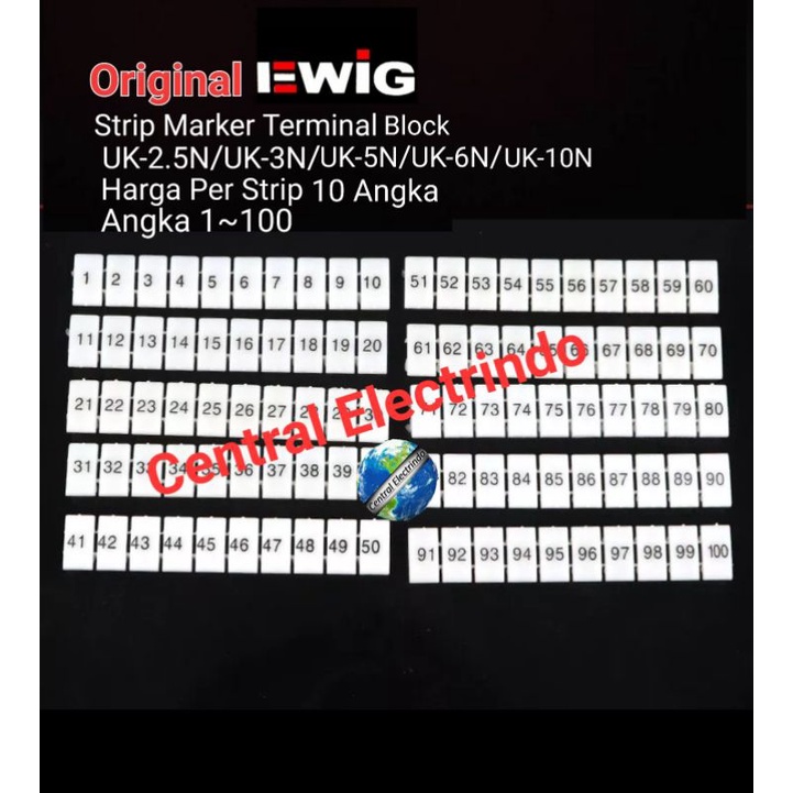 Marker Strip Terminal Block EWIG UK-2.5N/3N/5N/6N/10N. Per Strip 10 Angka. Dari 1~100.