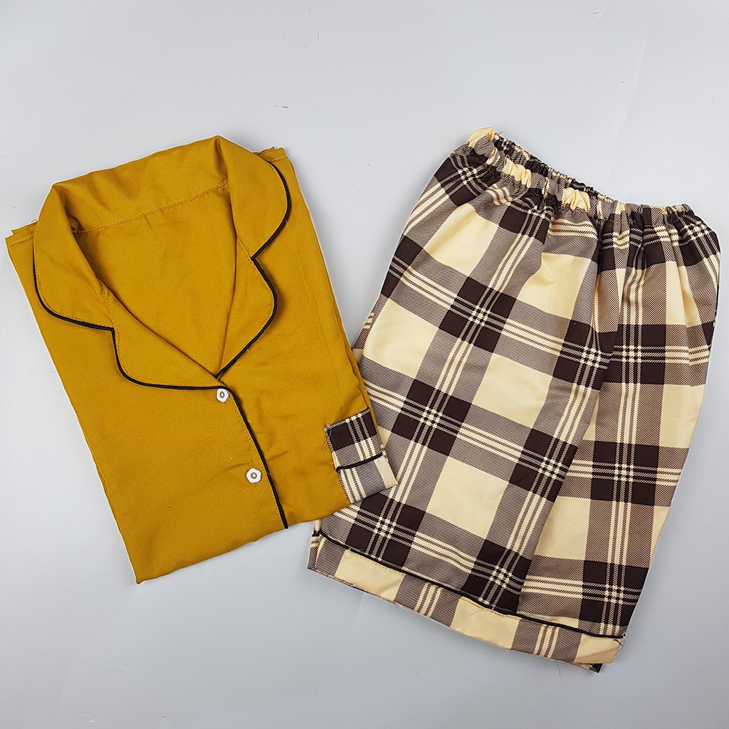 Setelan Piyama Dewasa Celana Pendek Lengan Pendek Hotpant All Size-HPL KOTAK MUSTARD