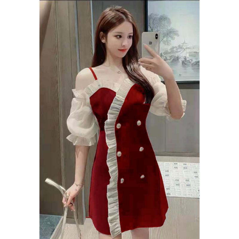 MDLV ~ 0987# Sheryn Double Breasted Dress Premium Mini Dress Korea Sabrina Fashion import