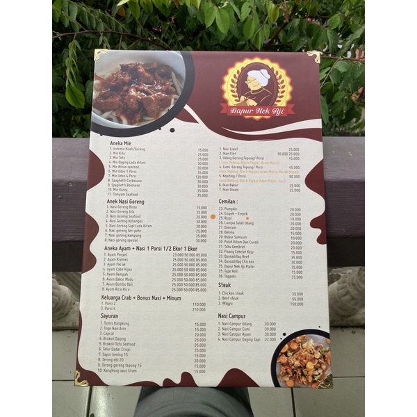 

papan menu restoran tebal