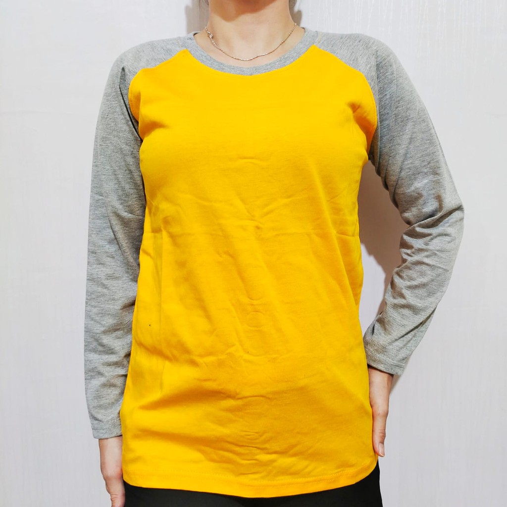 Kaos polos raglan kuning lengan abu misty panjang M L XL XXL