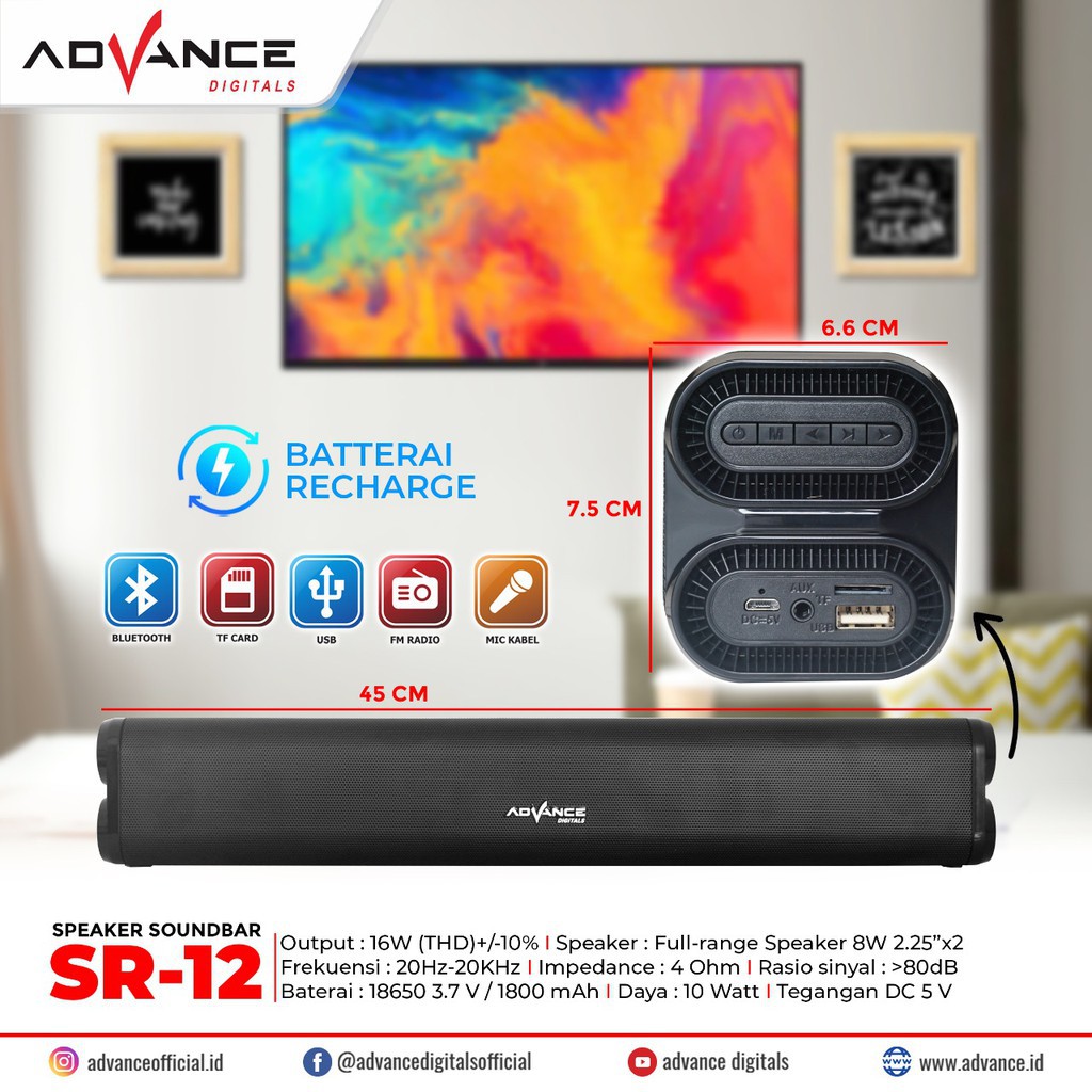 Speaker Bluetooth Advance Speaker Soundbar SR-12 Garansi Resmi 1 tahun  USB Super Bass