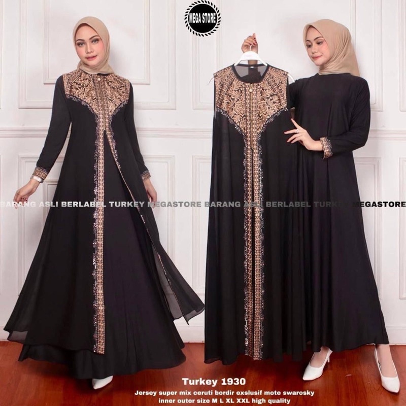 RINA BUSANA - Gamis Abaya Turkey Mewah Elegan - Baju Abaya Turki Hitam - Gamis Set Outer Hitam - Dre