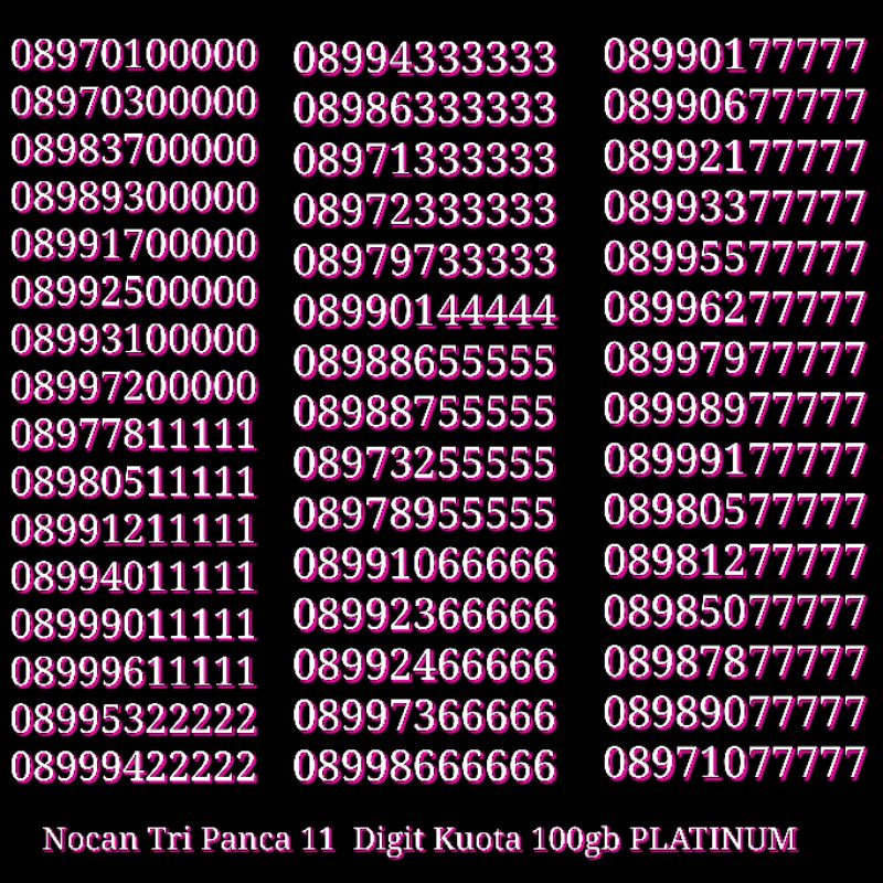 Nomor Cantik NOCAN 11 Digit Panca Kartu Perdana Tri Three 4G LTE Kuota 100 GB Platinum