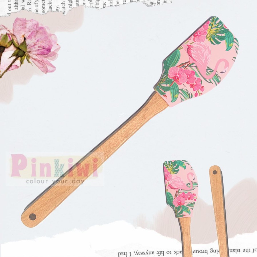 Spatula Silikon Gagang Kayu Motif Flamingo Spatula Silikon Gagang Kayu