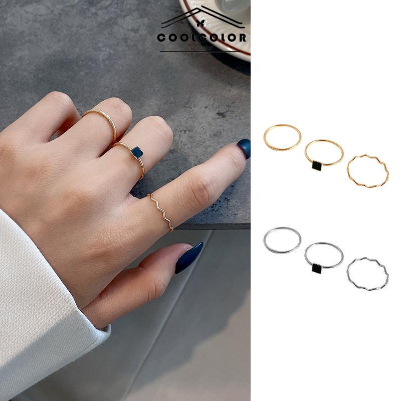 COD❤️3Pcs/Set Cincin Zirkon Hitam Cincin Tiga Bagian Wanita High-end Sederhana Desain Niche Persegi Kecil- cl