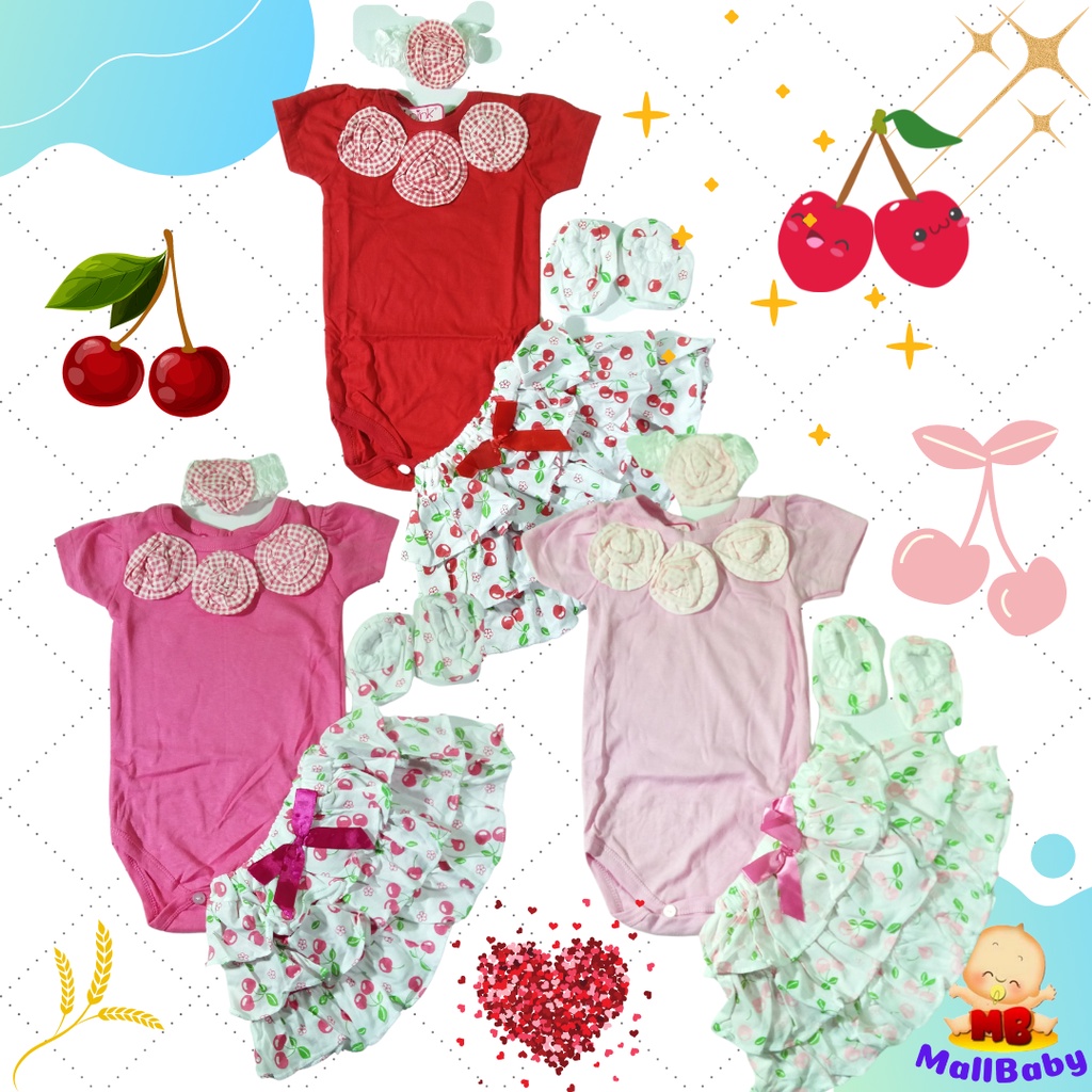 Baju Bayi Perempuan 0 3 6 9 12 Bulan Setelan Jumper Set Bandana Sepatu Bayi Cherry