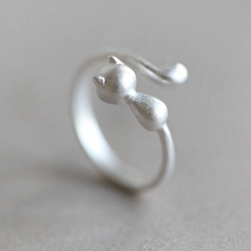 Cincin Wanita Bentuk Kucing Warna Silver Gaya Korea Anti Alergi Adjustable Untuk Pesta