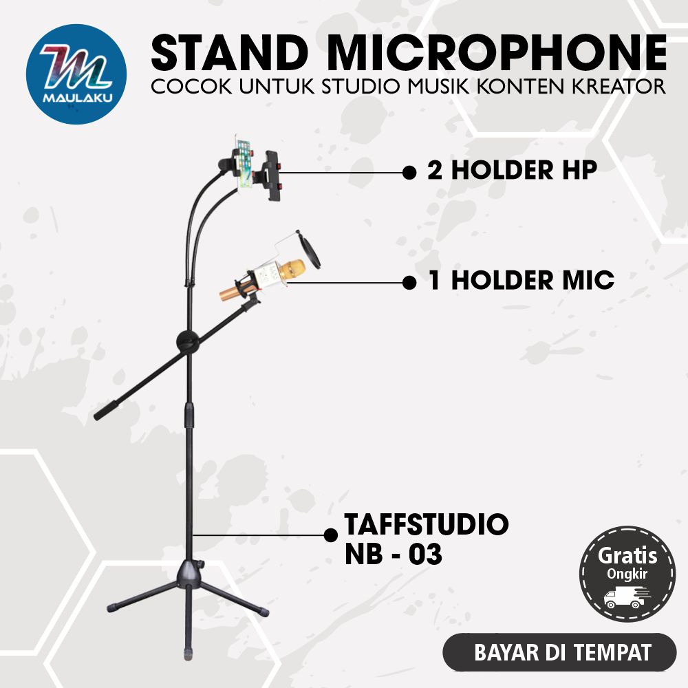 Stand Microphone Condenser With 2 Smartphone Holder HP Stand Mic Lantai Berdiri NB-03