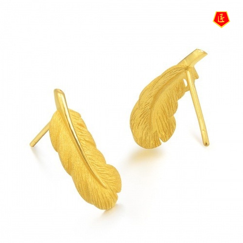 [Ready Stock]3D Gold Feather Stud Earrings Elegant