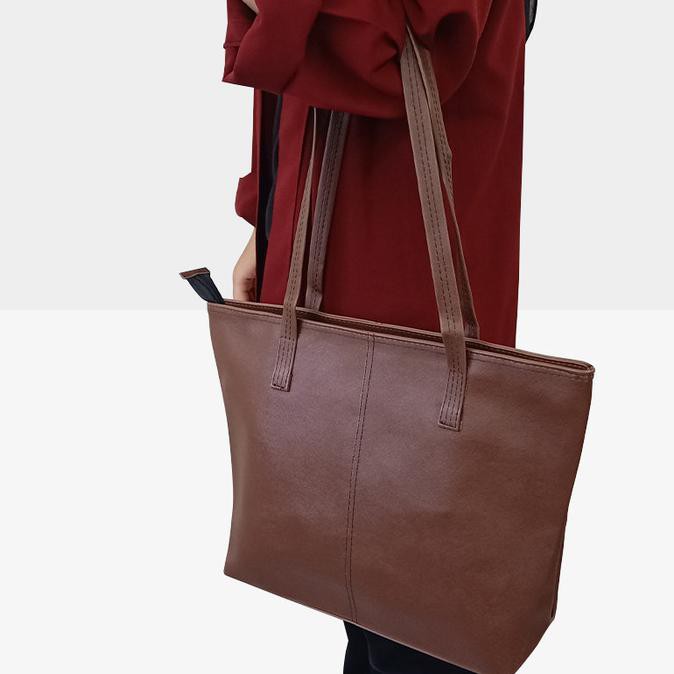 Limited Tote Bag Wanita Polos Tali Pendek - Tas Wanita Semi Kulit - Coklat Tua Murah