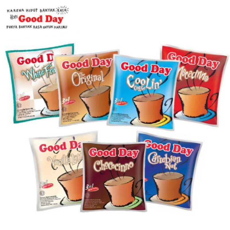 GOOD DAY 3IN1 Kopi Instan 10x20g Varian Baru Rasa Mochacinno Chococinno Vanilla Latte Coolin Cool Carebian Nut Freeze Capuccino Coklat Susu Duet Original