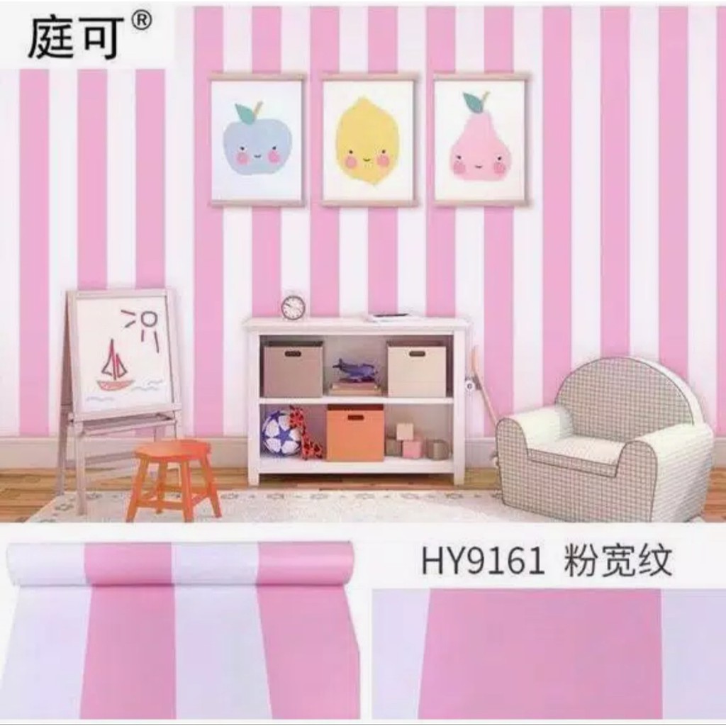 Wallpaper Sticker Dinding Motif Salur Garis Besar Pink Putih uk 45cm x 10m