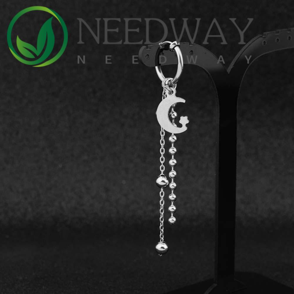 Anting Stud Rantai Panjang Bahan Stainless Steel Bentuk Bulan Untuk Pria Dan Wanita