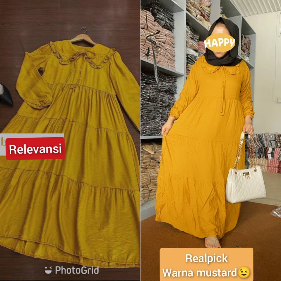 Dress Gamis Dres Polos Midi Susun Rayon Premium Import Kerah Tali Rempel Kualitas Best Seller Motif 2022 Terbaru Sekarang Warna Cerah LD 110 cm-3