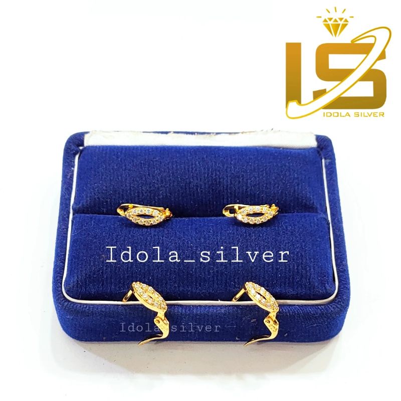 ANTING PERAK ASLI SILVER 925 LAPIS EMAS MODEL JEPIT OVAL PERMATA KELILING - PERHIASAN PERAK WANITA