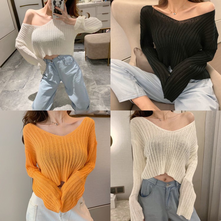 Baru Warna Solid Longgar Lengan Panjang Off-Shoulder Top Tipis Micro Transparan Sweater untuk Wanita