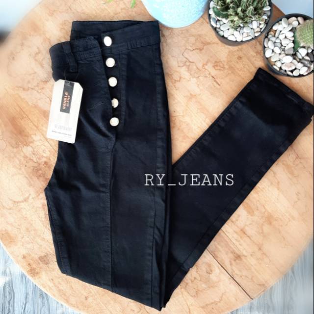 Jeans hitam wanita hw kancing samping celana highwaist skinny streeth melar