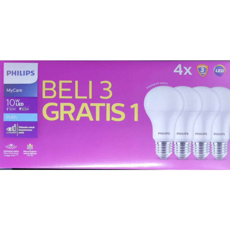 PHILIPS LED mycare 10 watt putih paket beli 3 gratis 1, lampu paket