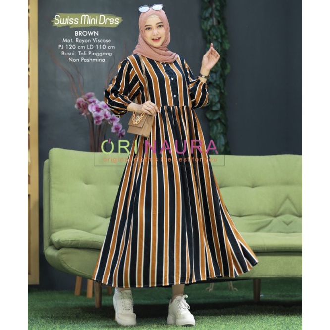 Dress Maxy Swiss Dress Muslim - gamis bergaris dengan tali pinggang