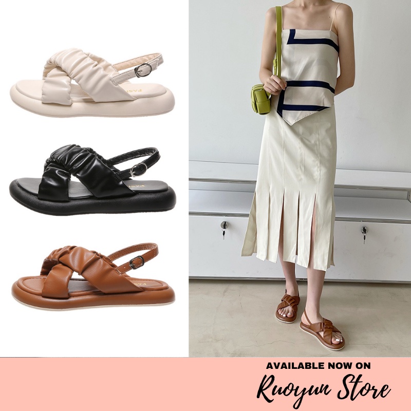 RYX - Smooth Wrinkle Sandal Flat Gesper Wanita Fashion Casual - Ori Import