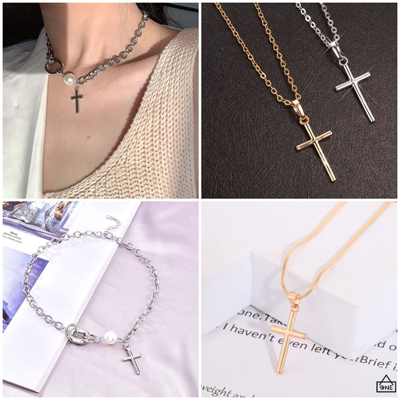 COD❤Kalung Liontin Pria Wanita Fashion Korea Salib Bahan Lapis Emas Korean Aksesoris Kalung Unisex Sederhana Retro A one