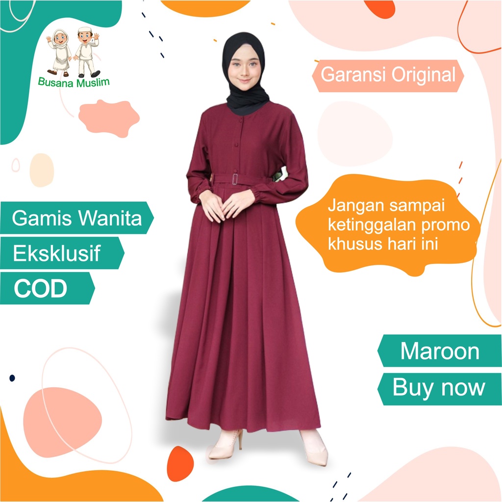 Fashion Baju Gamis Dewasa Wanita Muslim Dress Cantik Kekinian Murah Terbaru 2021 Warna Merah Maroon